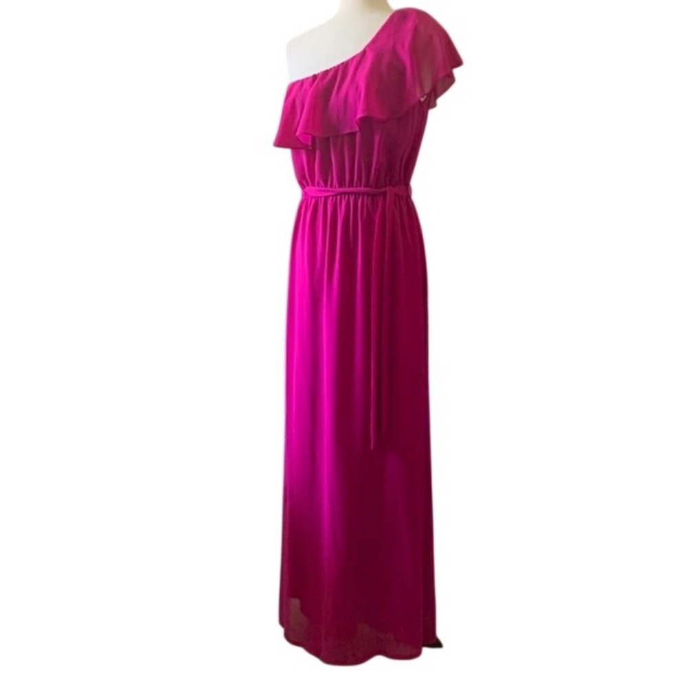 Fuchsia Pink One Shoulder Maxi‎ Dress M Cinched Waist Belted Wedding Guest Gala